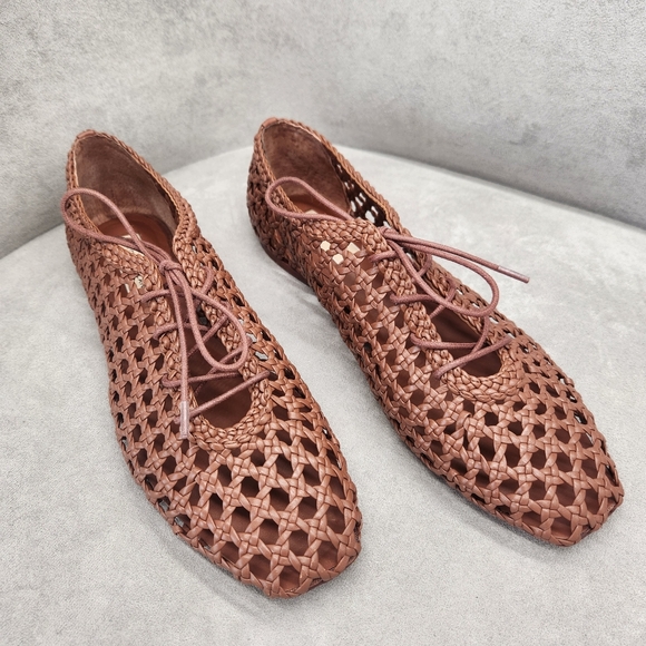 Antonio Melani Flats 9 Brown Woven Leather Myles Crochet Lace Up Loafers New$190 - Picture 9 of 16